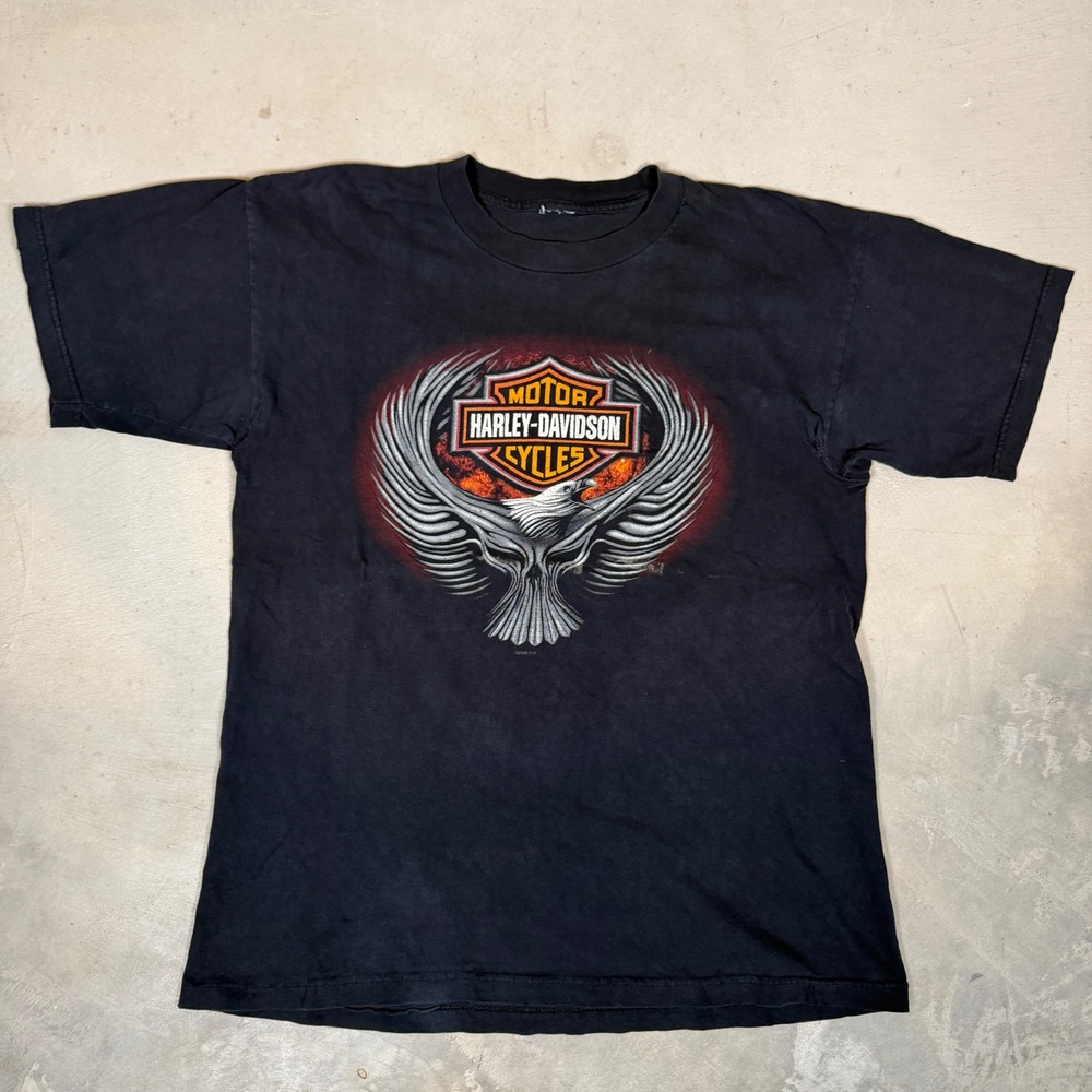 Vintage 2003 Harley Davidson Eagle Graphic T-Shirt Traverse City MI Black Mens L